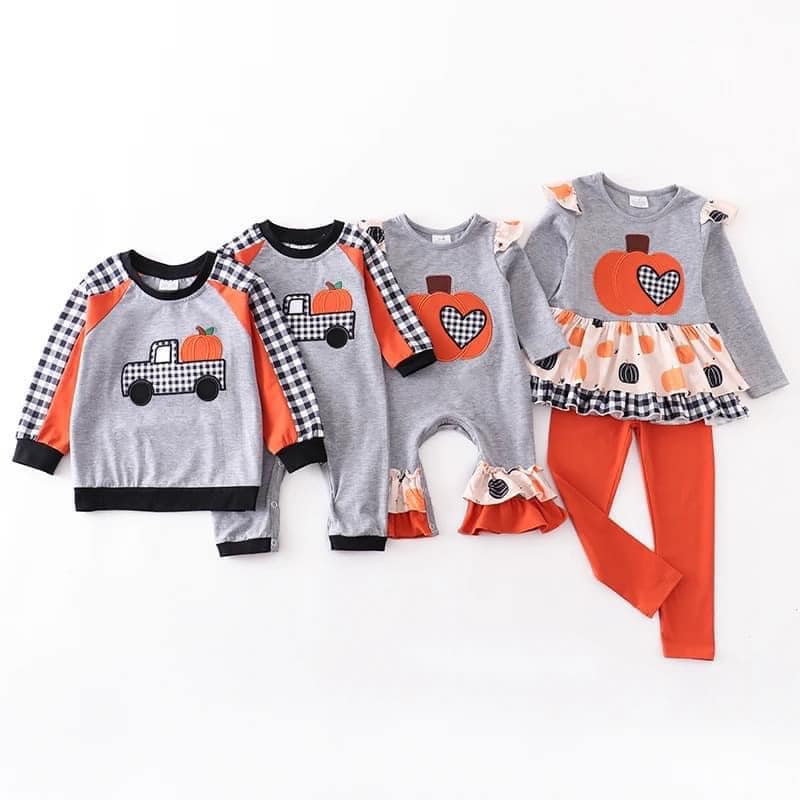 (Custom Design MOQ 5) Grey tunic pumpkin top legging pants girls fall clothes set