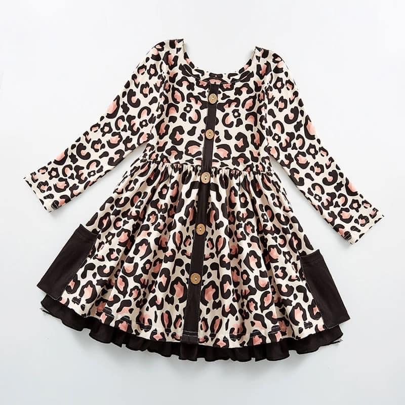 (Custom Design MOQ 5) Leopard Print Girls Button Knee Length Dress