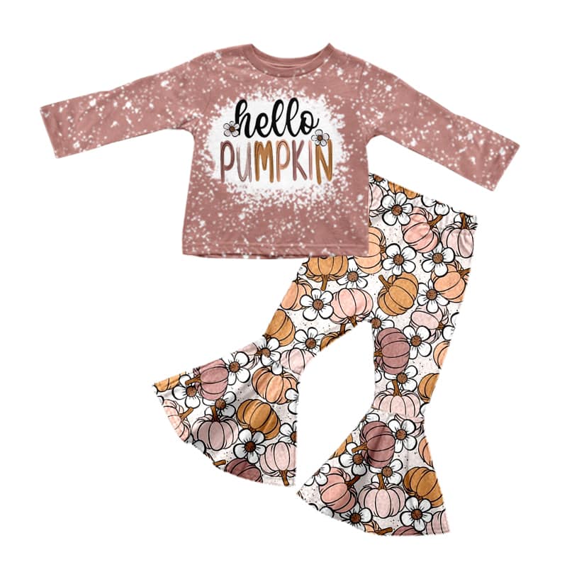 (Custom Design MOQ 5)  Hello pumpkin flowers bell pants girls fall clothes set