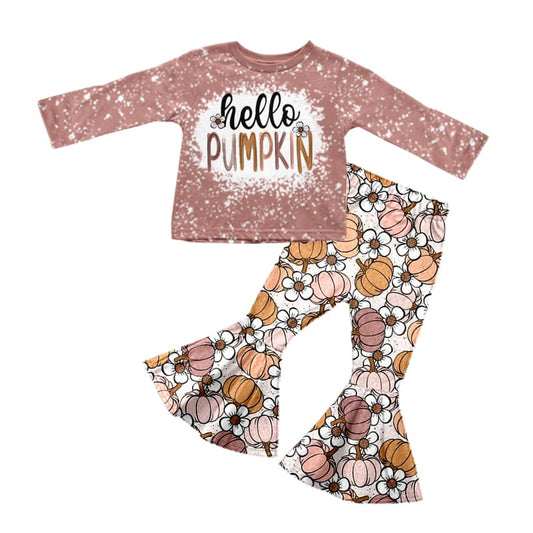 (Custom Design MOQ 5)  Hello pumpkin flowers bell pants girls fall clothes set