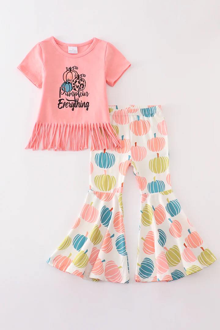 (Custom Design MOQ 5)  Pumpkin Everything Pink Tassels Top Bell Pants Girls Clothes Set