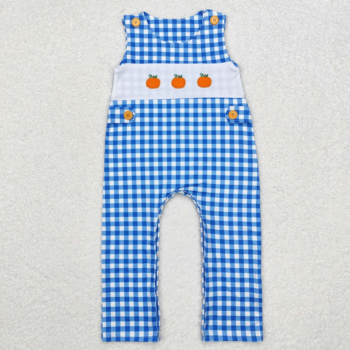 Pumpkin Embroidery Blue Plaid Print Sibling Fall Matching Clothes