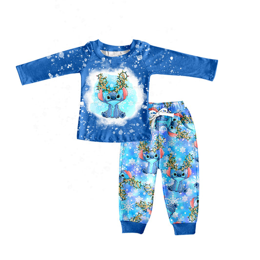 (Custom Design MOQ 5)  Blue Cartoon Animal Print Boys Christmas Clothes Set