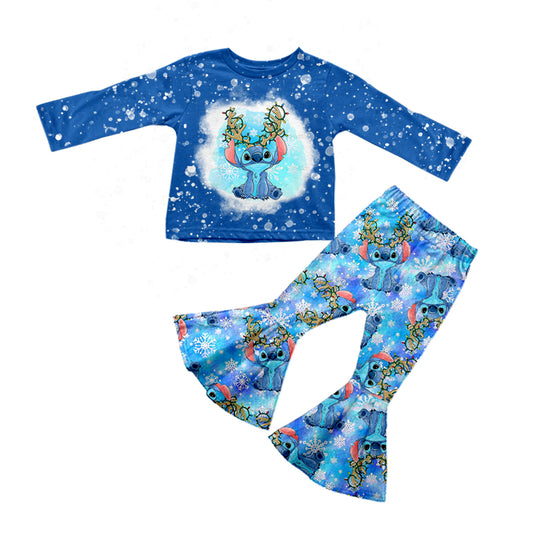 (Custom Design MOQ 5)  Blue Cartoon Animal Print Bell Pants Girls Christmas Clothes Set