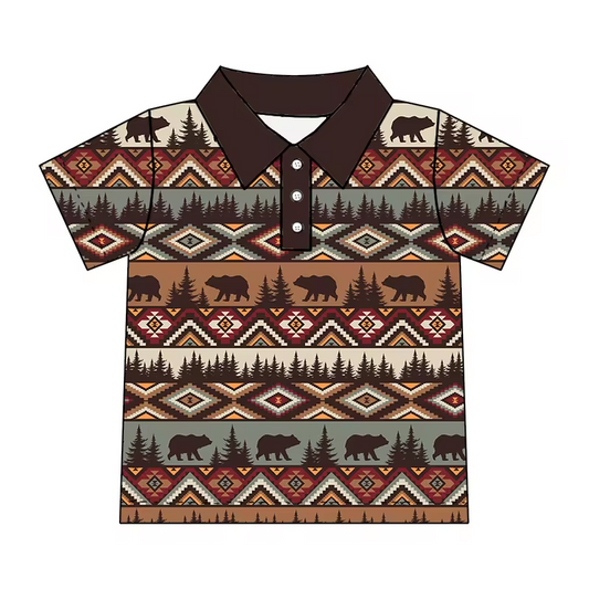 (Custom Design Preorder MOQ 5)  Bear Aztec Print Boys Summer Western Polo Tee Shirts Top