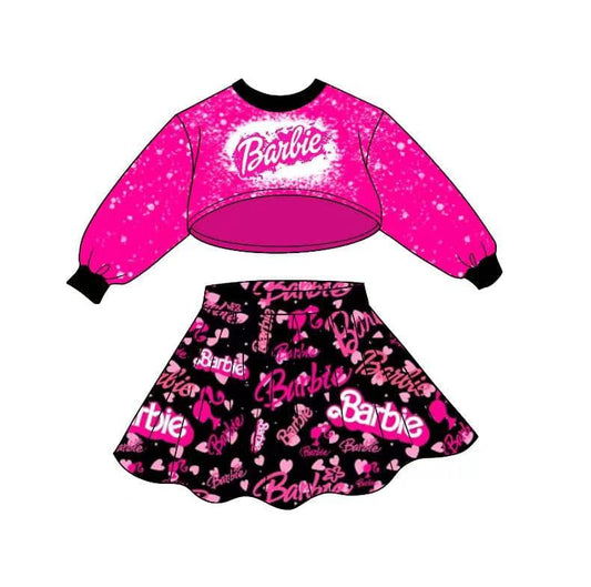 (Custom Design MOQ 5) Pink BA Long Sleeve Top Skirts Girls Clothes Set