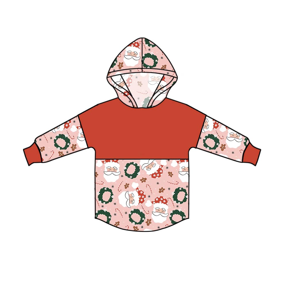 (Custom Design MOQ 5)  Pink Santa Print Girls Christmas Hoodie Top