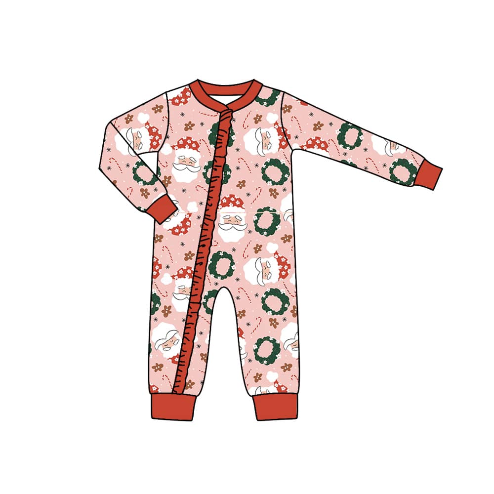 (Custom Design MOQ 5) Pink Santa Print Baby Girls Christmas Zipper Romper