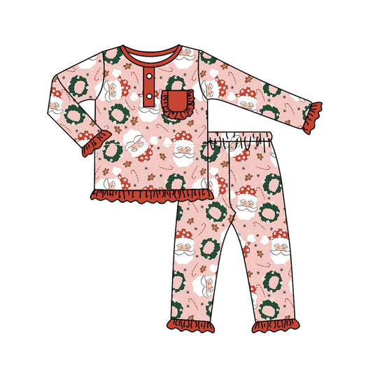 (Custom Design MOQ 5) Pink Santa Print Girls Christmas Pajamas Clothes Set