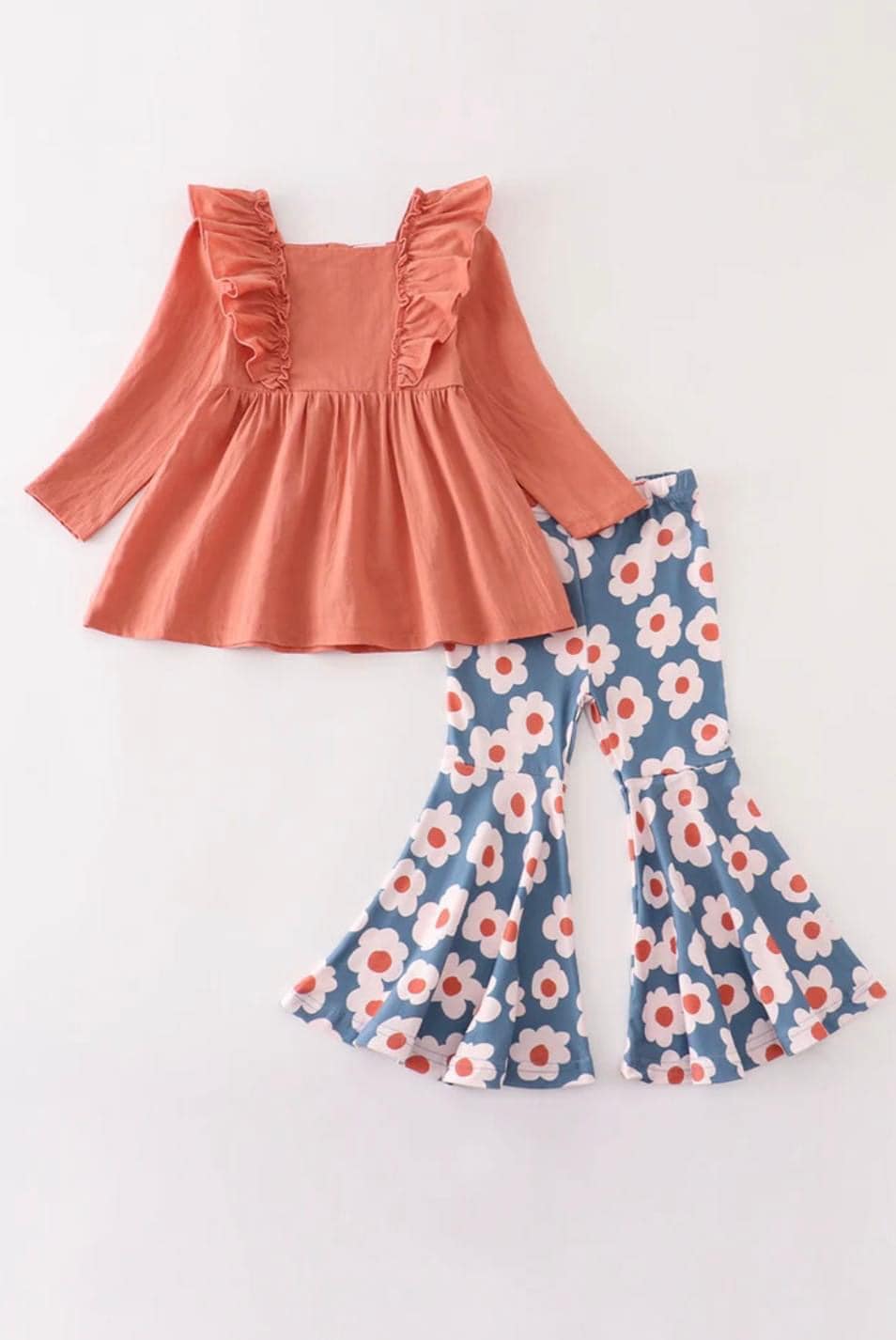 (Custom Design MOQ 5) Orange Tunic Top Flowers Bell Bottom Pants Girls Clothes Set