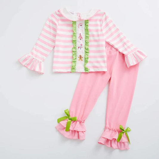 (Custom Design Preorder MOQ 5) Santa Gingerbread Stripes Top Pink Pants Girls Christmas Clothes Set