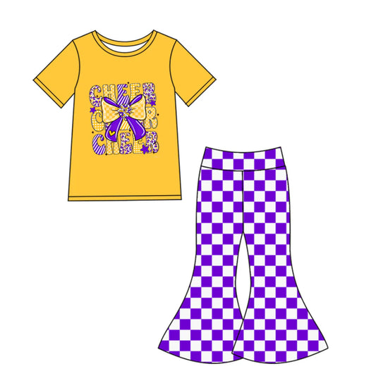 (Custom Design Preorder MOQ 5) Team Cheer Bow Purple Top Blue Plaid Bell Pants Girls Clothes Set