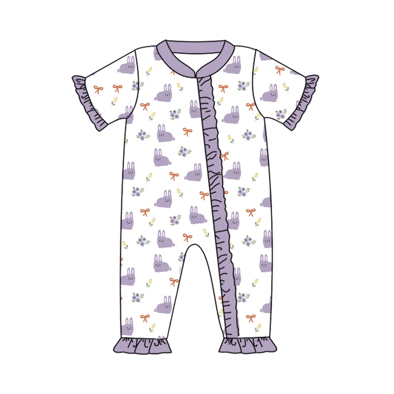 (Custom Design Preorder MOQ 5)  Purple Bunny Flowers Bows Print Baby Girls Easter Bamboo Sleeper Zipper Romper