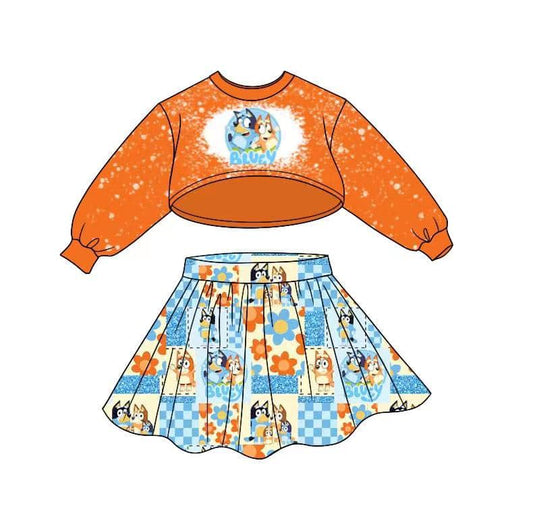 (Custom Design MOQ 5) Cartoon Dog Orange Long Sleeve Top Skirts Girls Clothes Set