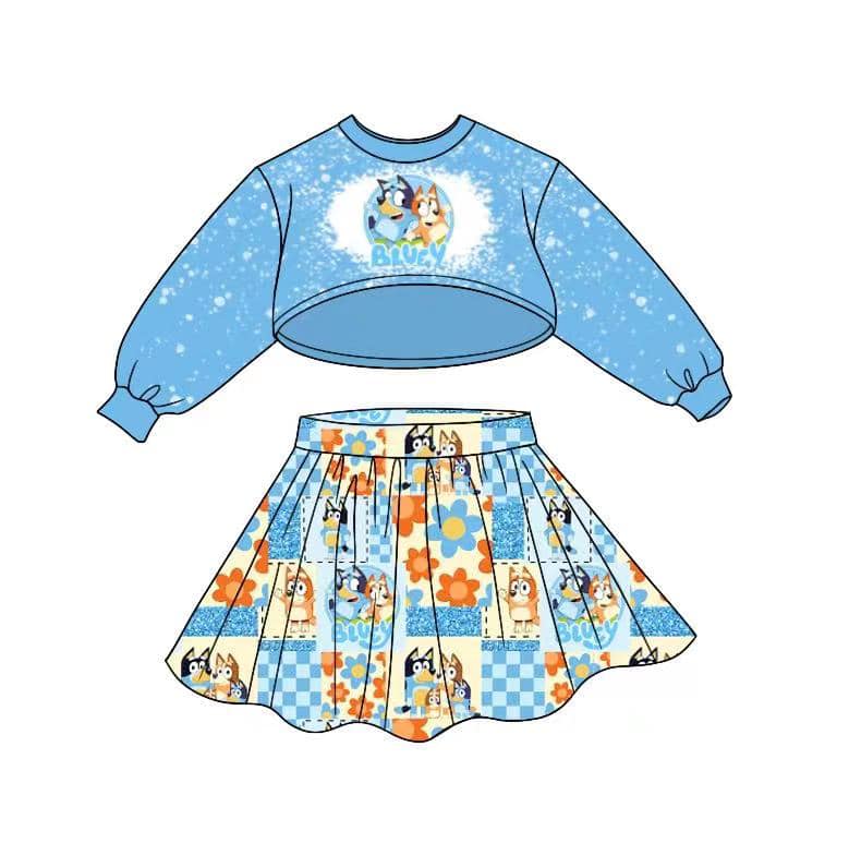 (Custom Design MOQ 5) Cartoon Dog Blue Long Sleeve Top Skirts Girls Clothes Set