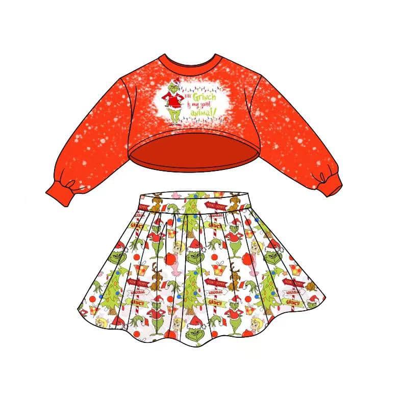 (Custom Design MOQ 5) Christmas Frog Long Sleeve Top Skirts Girls Clothes Set