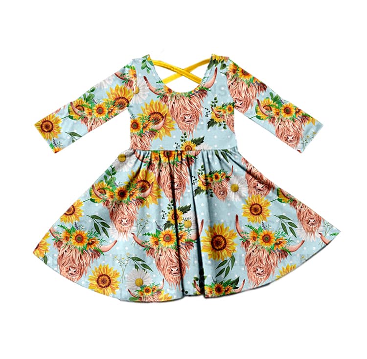 (Custom Design MOQ 5) Blue Highland Cow Sunflowers Print Girls Knee Length Dress