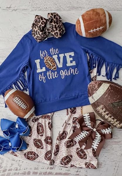 (Custom Design MOQ 5)  Love The Game Blue Tassels Top Football Bell Pants Girls Clothes Set