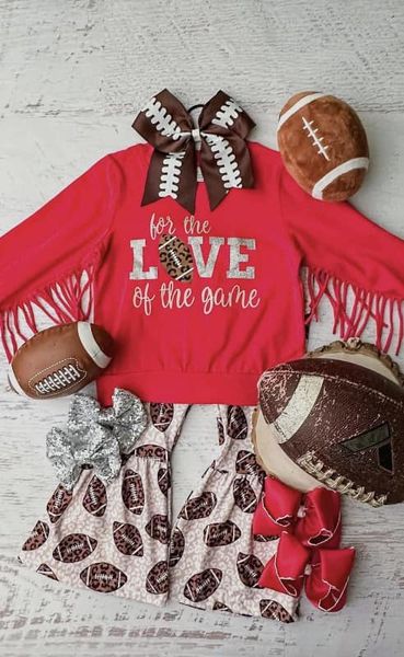 (Custom Design MOQ 5)  Love The Game Red Tassels Top Football Bell Pants Girls Clothes Set