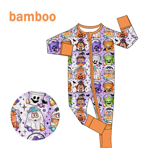 (Custom Design Preorder MOQ 20) Candy Print Baby Boys Halloween Long Sleeve Bamboo Sleeper Zipper Romper