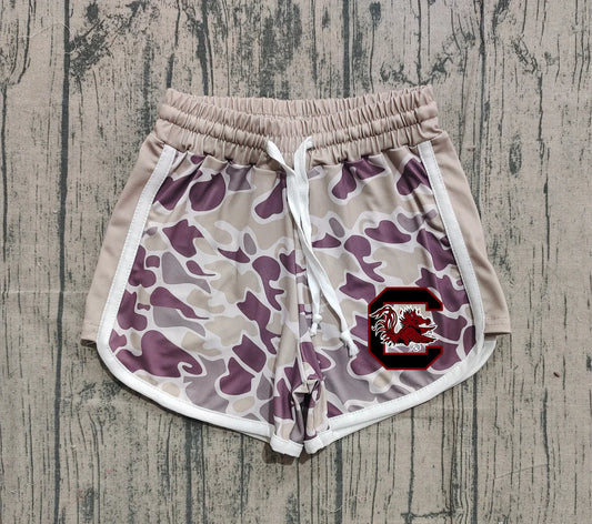 (Custom Design Preorder MOQ 5 Each Item) Team's Gamecock Khaki Purple Camo Print Summer Bottom Shorts Mom and Me Matching Clothes