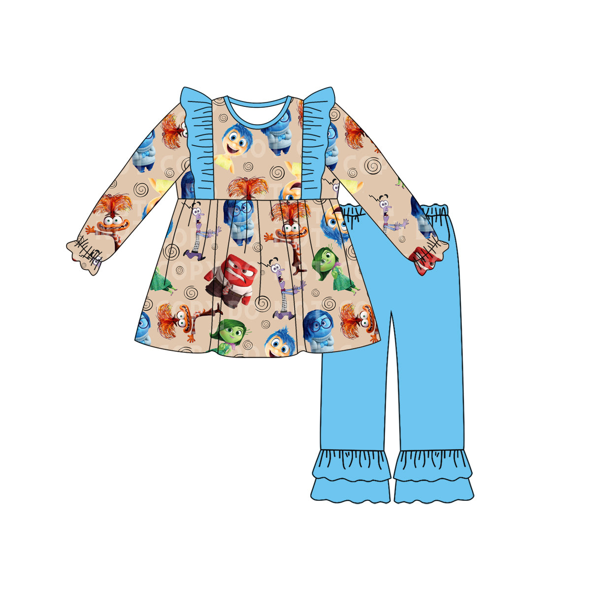 (Custom Design Preorder MOQ 5)  Cartoon Figure Inside Out Tunic Top Ruffle Pants Girls Clothes Set