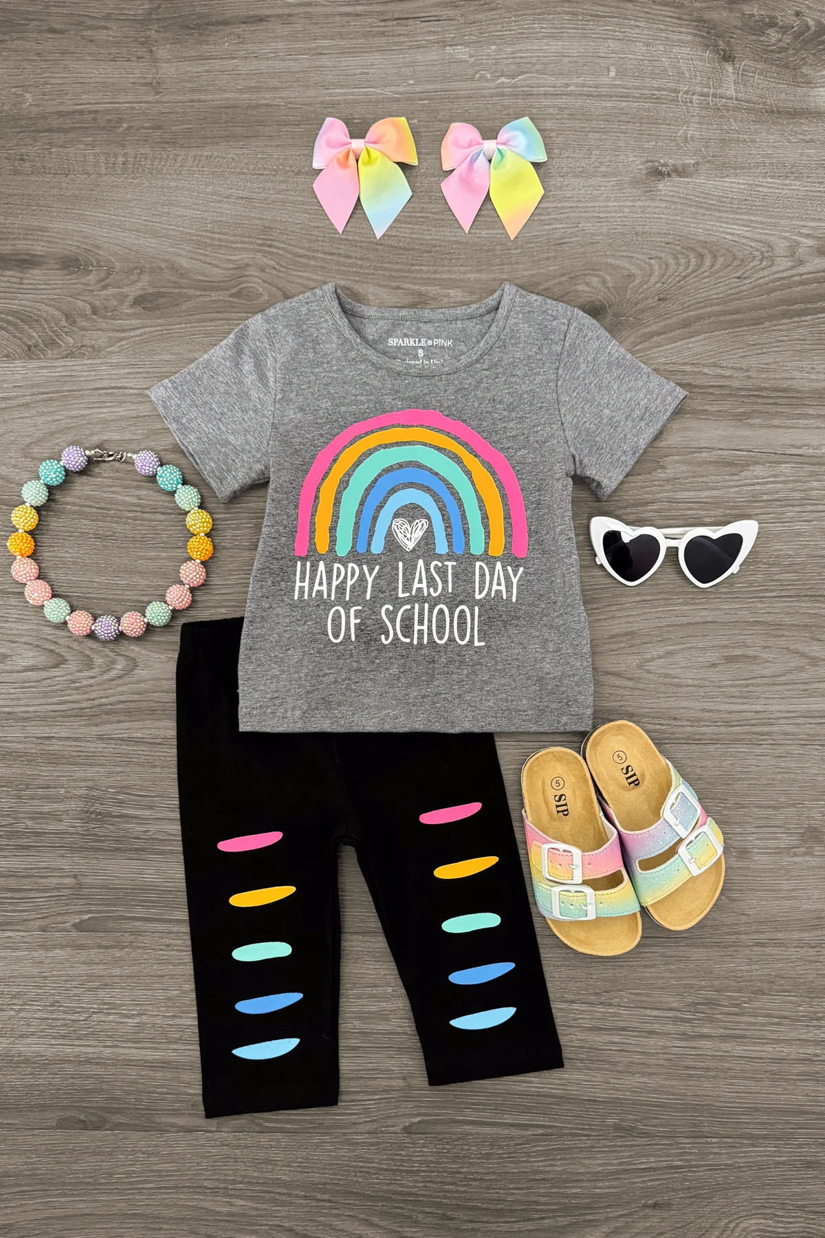 (Custom Design Preorder MOQ 5)  Rainbow Grey Top Hole Shorts Girls Summer Clothes Set