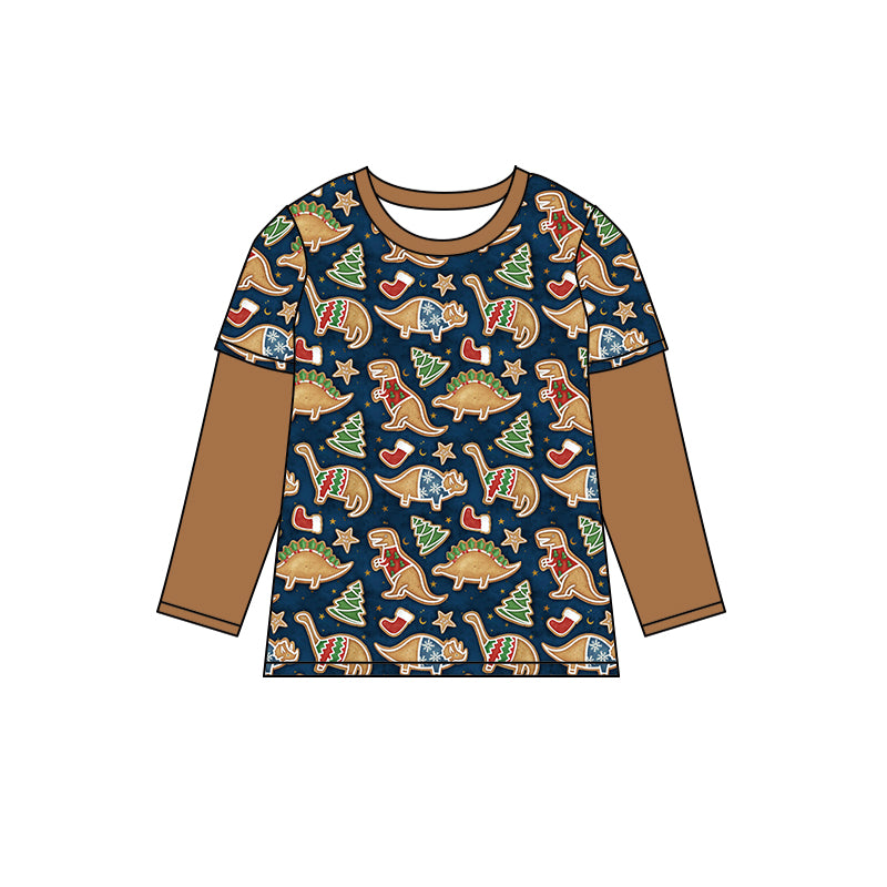 (Custom Design Preorder MOQ 5 ) Dino Gingerbread Print Boys Christmas Long Sleeve Tee Shirts Top