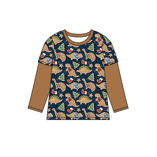 (Custom Design Preorder MOQ 5 ) Dino Gingerbread Print Boys Christmas Long Sleeve Tee Shirts Top