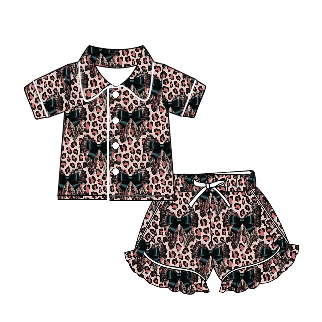 (Custom Design Preorder MOQ 5) Bows Leopard Print Girls Pajamas Clothes Set