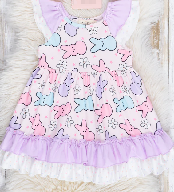 (Custom Design Preorder MOQ 5) Bunny Flowers Print Girls Easter Knee Length Dress