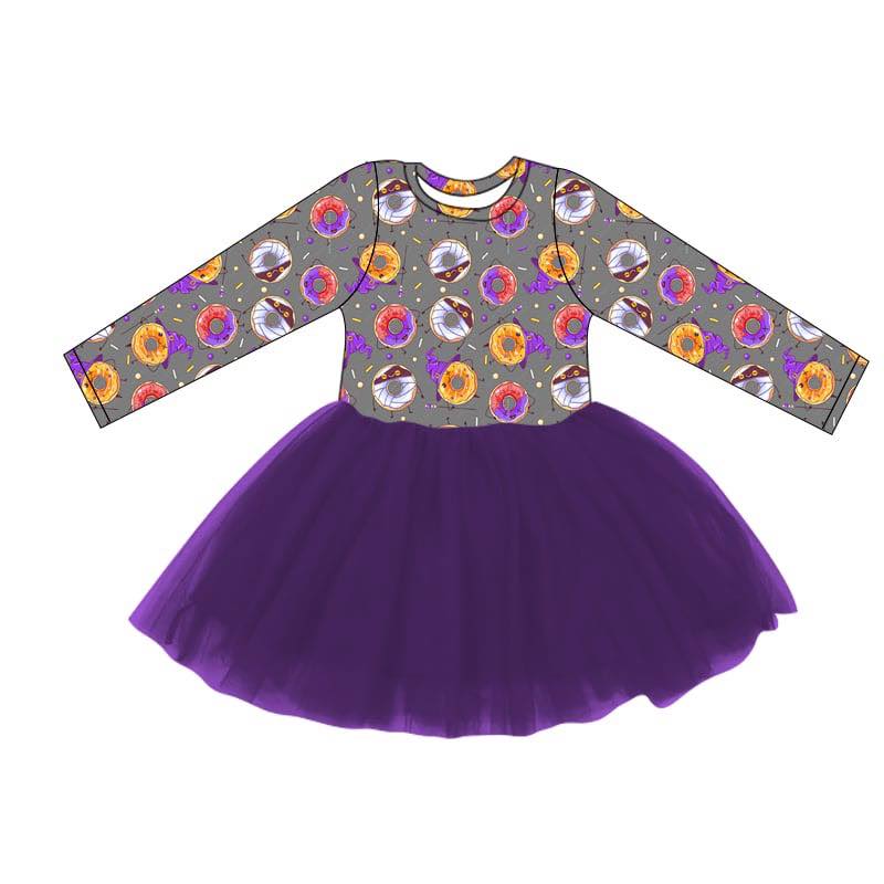 (Custom Design Preorder MOQ 5) Donut Witches Hat Print Girls Knee Length Halloween Tulle Dress