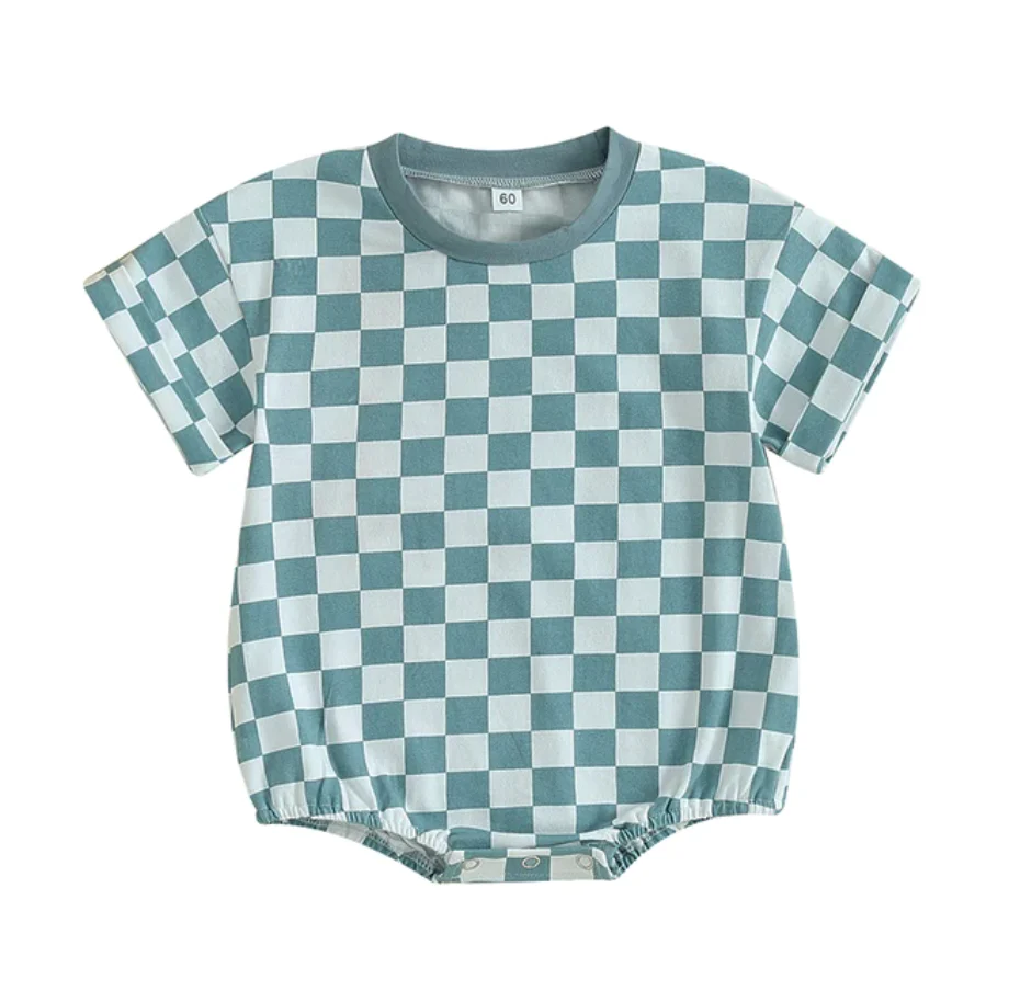 (Custom Design Preorder MOQ 5) Blue Plaid Print Baby Kids Summer Romper