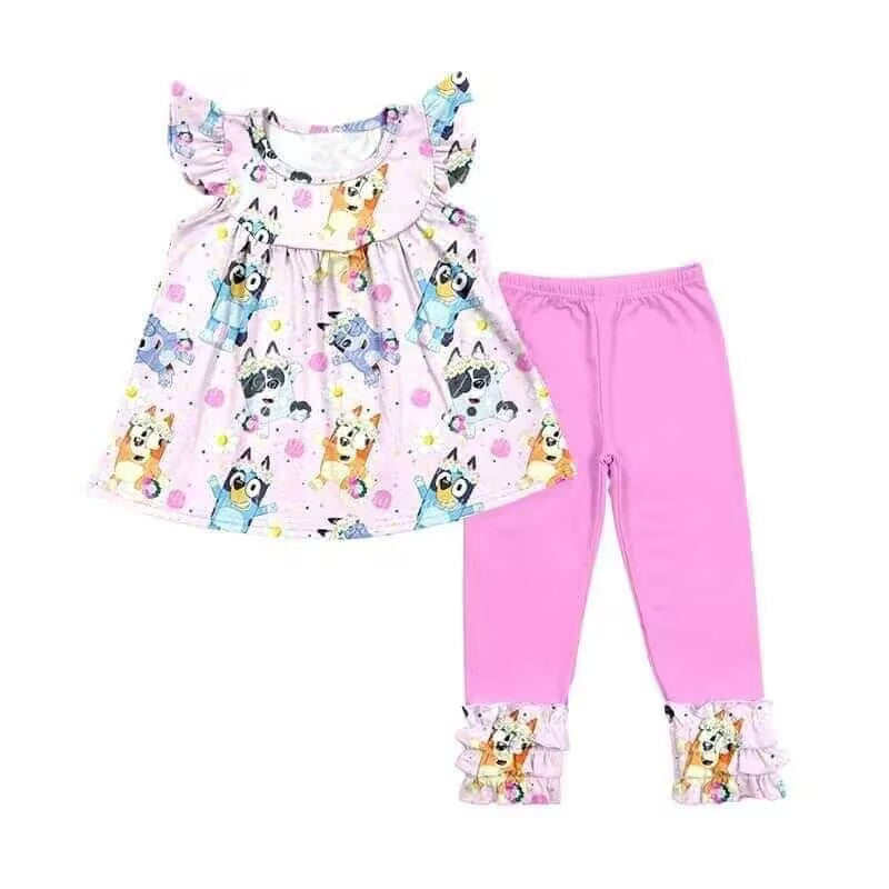 (Custom Design Preorder MOQ 5)  Cartoon Dog Top Hotpink Legging Pants Girls Clothes Set