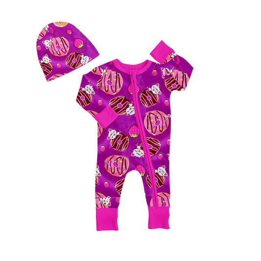 (Custom Design MOQ 5) Hot Pink Doughnut Strawberry Print Baby Girls Zipper Sleeper Hat & Romper