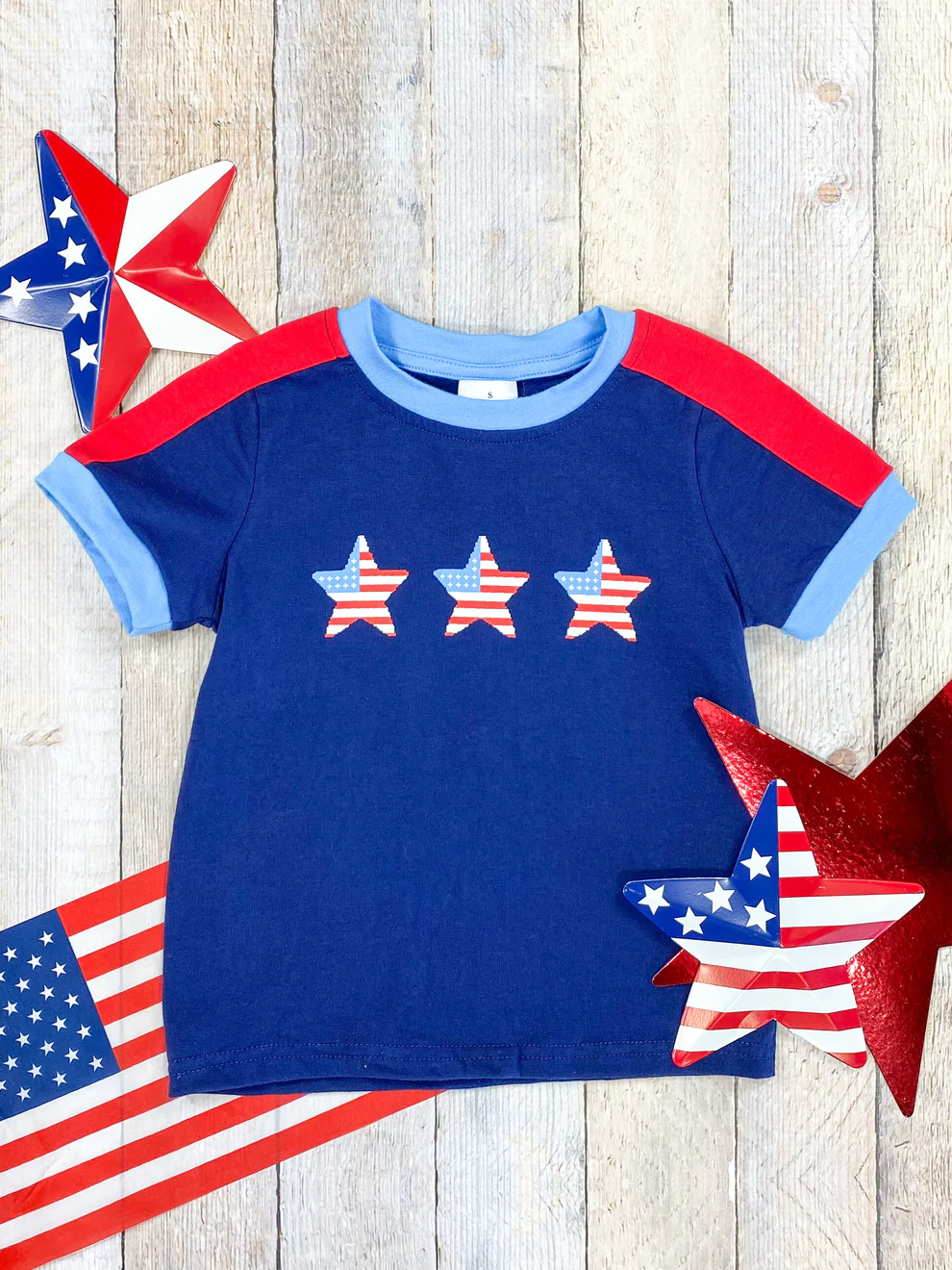(Custom Design Preorder MOQ 5) Stars Blue Print Boys 4th of July Tee Shirts Top