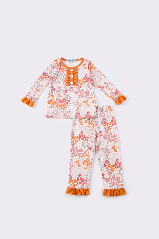 (Custom Design Preorder MOQ 5) Orange Leopard Print Girls Fall Bamboo Pajamas Clothes Set