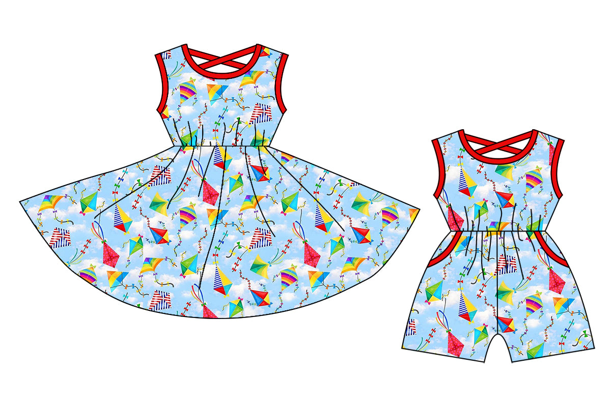 1.4(Custom Design Preorder MOQ 5 Each Design) Colorful Kite Print Girls Summer Matching Clothes Sisters Wear