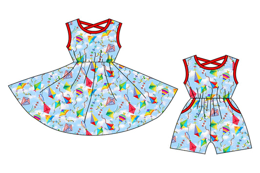 1.4(Custom Design Preorder MOQ 5 Each Design) Colorful Kite Print Girls Summer Matching Clothes Sisters Wear