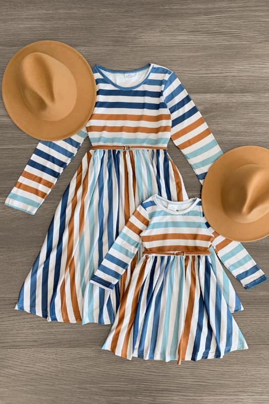 (Custom Design MOQ 5) Girls stripes knee length dress