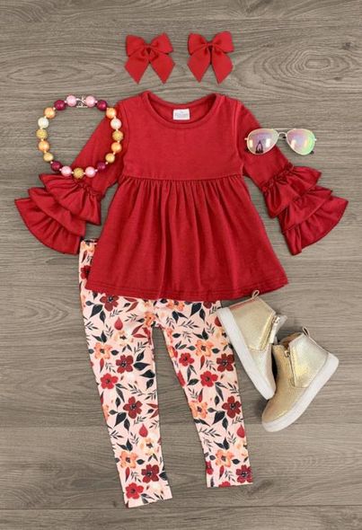 (Custom Design MOQ 5)  Red Ruffles Top Flowers Legging Pants Girls Fall clothes set