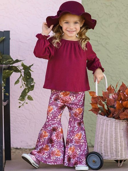 (Custom Design MOQ 5)  Wine Cotton Top Flowers Bell Pants Girls Fall clothes set