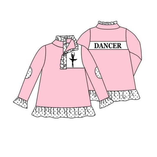 (Custom Design MOQ 5)   Girls pink dancer long sleeve button pullover shirts