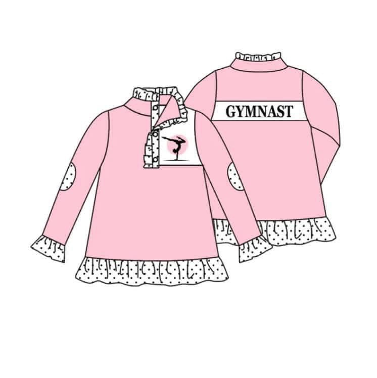 (Custom Design MOQ 5)   Girls pink gymnast long sleeve button pullover shirts