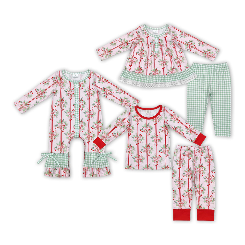 Holly Bows Print Sisters Christmas Matching Clothes