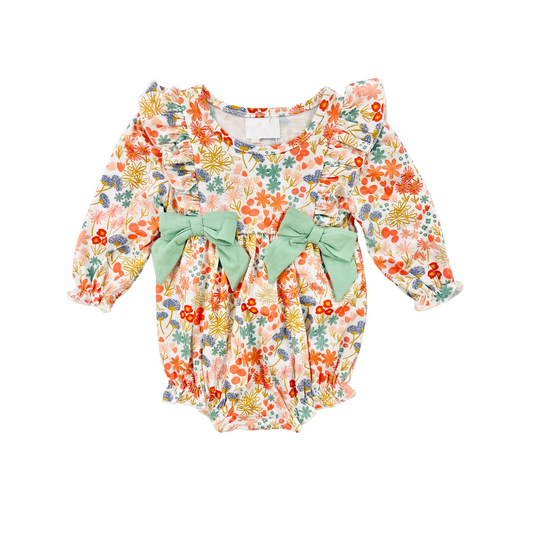 (Custom Design Preorder MOQ 5) Orange Flowers Print Baby Girls Spring Romper