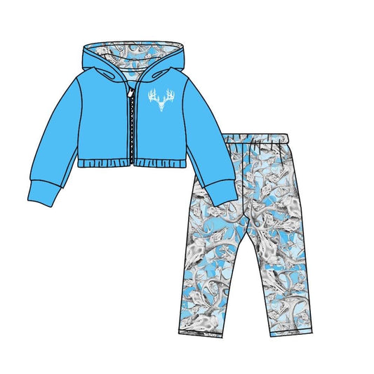 (Custom Design MOQ 5) Blue Deer Print Hoodie Jacket Top Boys Clothes Set