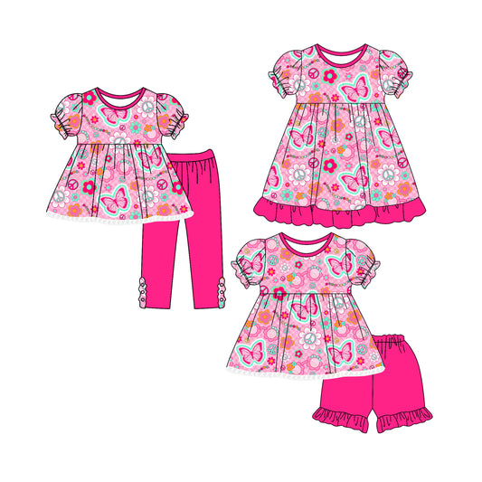4.29(Custom Design Preorder MOQ 5 Each Design) Butterfly Flowers Print Girls Matching Clothes Sisters Wear