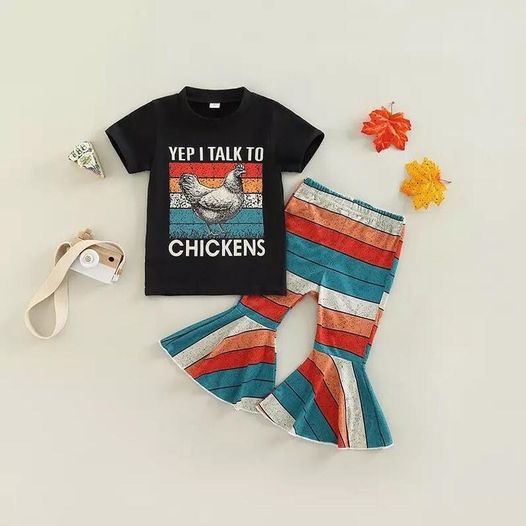 (Custom Design MOQ 5) Yep I Talk To Chickens top stripes bell pants girls clothes set