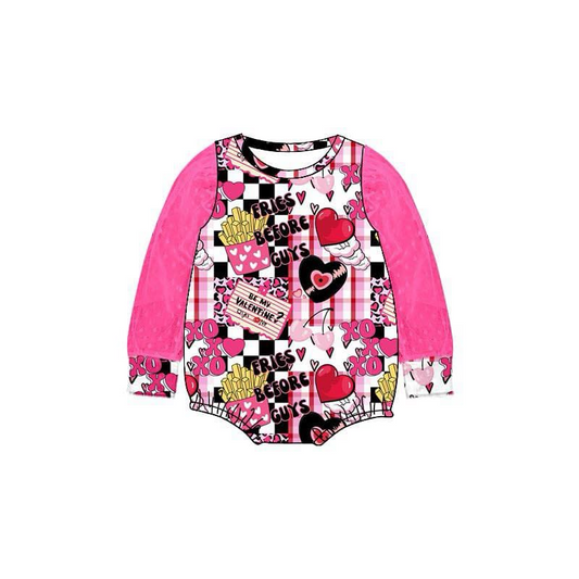 (Custom Design Preorder MOQ 5) FRIES Heart XOXO Print Baby Girls Valentine's Day Romper